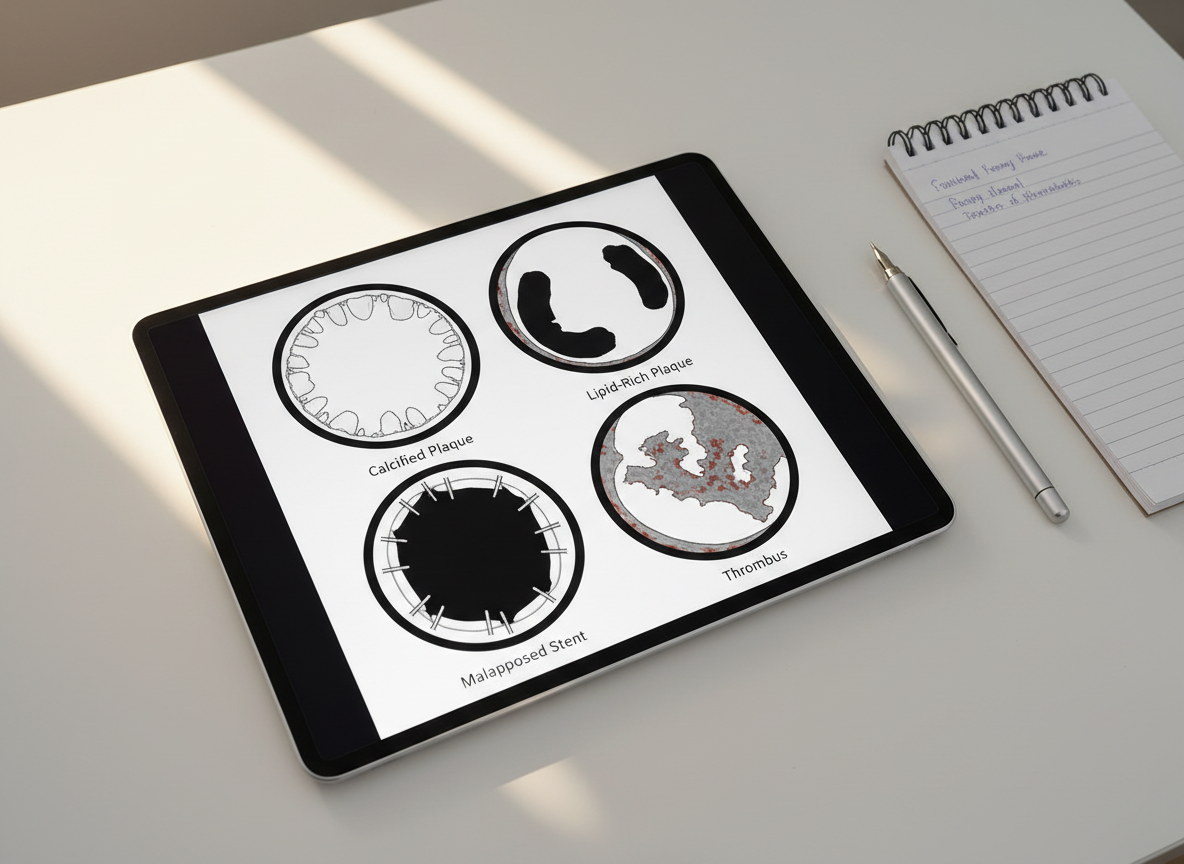 An educational, photographic-style layout of multiple coronary OCT frames arranged in a grid on a digital tablet screen, each frame illustrating a different pathology: calcified plaque with bright, sharply delineated nodules; lipid-rich plaque with signal-poor regions; malapposed stent struts; and thrombus with irregular protrusions into the lumen. The tablet rests on a smooth white surface beside a neatly arranged notepad and a precision pen. Soft, natural daylight from an unseen window casts gentle, diagonal shadows, creating a calm, studious atmosphere. Shot from a slightly elevated, top-down perspective with sharp focus, the composition is clean, modern, and tailored to an atlas-style educational resource.