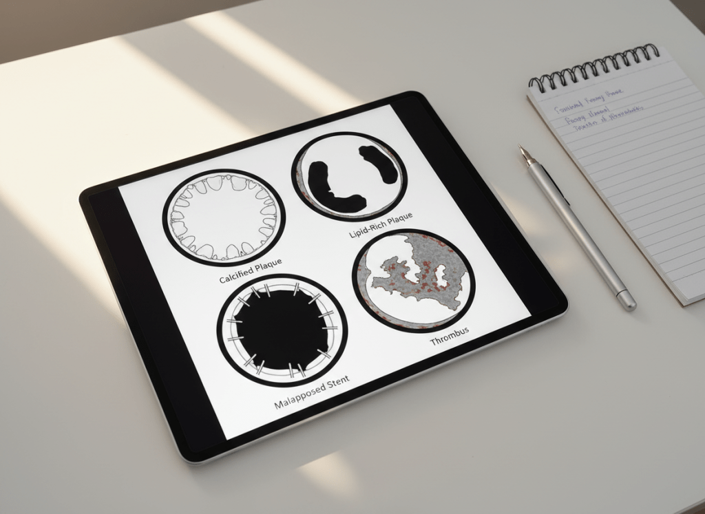 An educational, photographic-style layout of multiple coronary OCT frames arranged in a grid on a digital tablet screen, each frame illustrating a different pathology: calcified plaque with bright, sharply delineated nodules; lipid-rich plaque with signal-poor regions; malapposed stent struts; and thrombus with irregular protrusions into the lumen. The tablet rests on a smooth white surface beside a neatly arranged notepad and a precision pen. Soft, natural daylight from an unseen window casts gentle, diagonal shadows, creating a calm, studious atmosphere. Shot from a slightly elevated, top-down perspective with sharp focus, the composition is clean, modern, and tailored to an atlas-style educational resource.