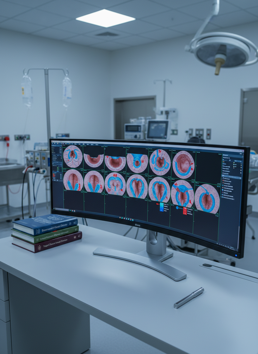 A detailed, photographic-style workstation setup featuring a large, ultra-wide medical-grade monitor displaying a vivid coronary OCT pullback sequence, with multiple frames aligned in series and color-coded annotations near areas of plaque. The monitor rests on a clean, light gray desk beside a neatly stacked set of cardiology textbooks and a slim, metallic digital caliper. Cool, diffused overhead lighting creates minimal glare, emphasizing clarity on the screen. The background is softly blurred, hinting at a modern catheterization lab environment with stainless steel equipment. Captured from a slightly elevated angle using a moderate depth of field, the image feels organized, analytical, and ideal for clinical education.