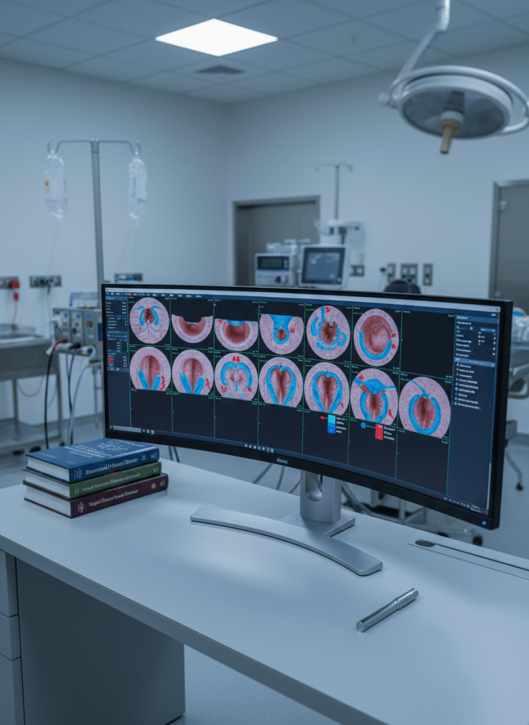 A detailed, photographic-style workstation setup featuring a large, ultra-wide medical-grade monitor displaying a vivid coronary OCT pullback sequence, with multiple frames aligned in series and color-coded annotations near areas of plaque. The monitor rests on a clean, light gray desk beside a neatly stacked set of cardiology textbooks and a slim, metallic digital caliper. Cool, diffused overhead lighting creates minimal glare, emphasizing clarity on the screen. The background is softly blurred, hinting at a modern catheterization lab environment with stainless steel equipment. Captured from a slightly elevated angle using a moderate depth of field, the image feels organized, analytical, and ideal for clinical education.