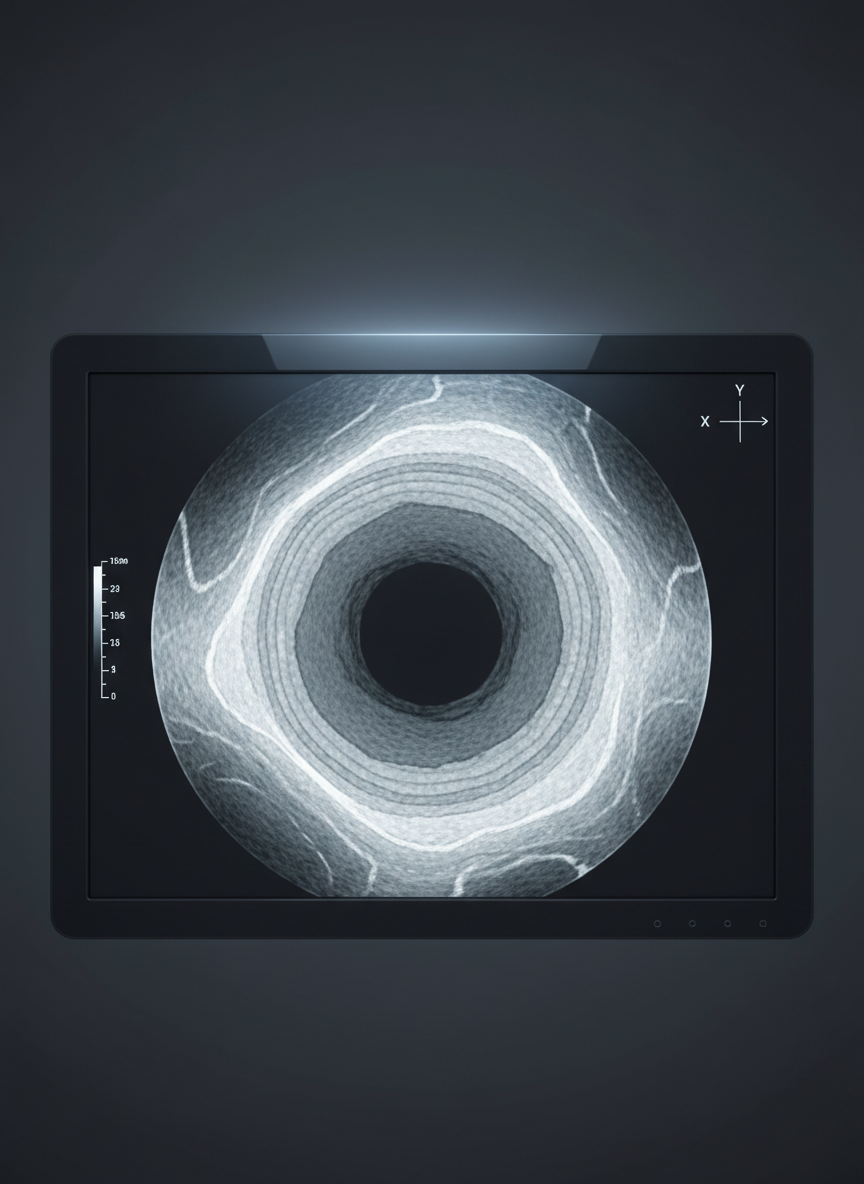 A high-resolution, photographic cross-sectional view of a coronary artery rendered as a precise OCT image, showing concentric vessel layers with subtle gradations of gray and white, and clearly delineated lumen. The artery segment is displayed on a sleek, dark charcoal background with clean axis markers and small, unobtrusive measurement calipers along one edge. Soft, cool studio lighting illuminates the display, creating gentle reflections on the glossy monitor frame while keeping the image content crisp and legible. Shot straight-on at eye level with sharp focus throughout, the composition is centered and balanced, evoking a professional, clinical atmosphere suitable for an educational cardiology website.