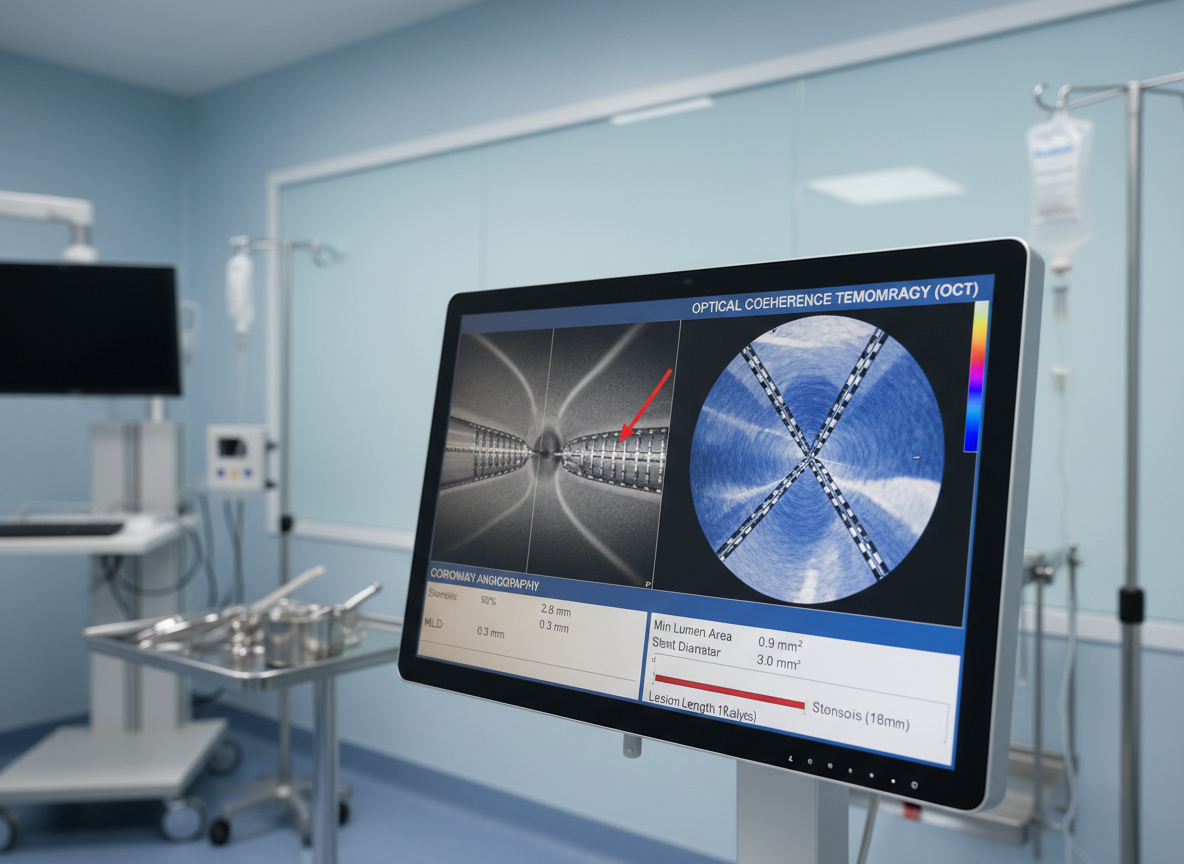 A photographic depiction of a modern catheterization lab console screen displaying a side-by-side comparison of coronary angiography and OCT images of the same lesion, with the OCT frame showing a tight stenosis and clear stent struts. The interface includes neatly aligned analysis panels, numerical measurements, and a lesion length graph. The console is set against a softly lit, light blue clinical wall, with metallic instrumentation softly blurred in the background. Neutral, diffused overhead lighting ensures no harsh reflections, maintaining crisp legibility. Captured at a three-quarter angle with moderate depth of field, the composition suggests an advanced, data-driven environment ideal for teaching practical OCT interpretation.