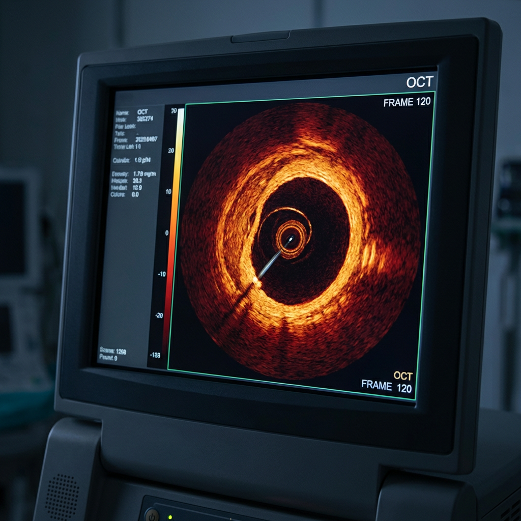 Medical monitor displaying an OCT scan Frame 120 showing a circular blood vessel cross-section.