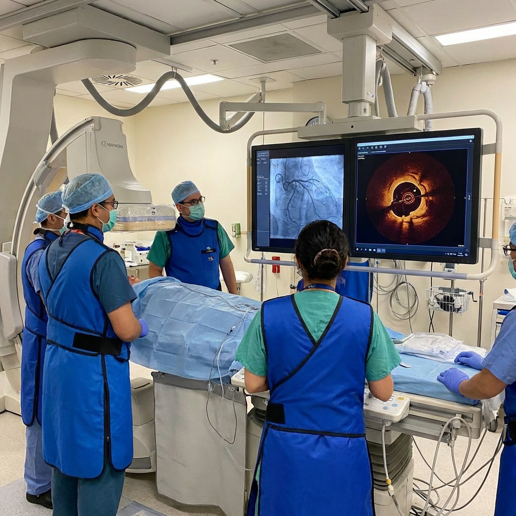Medical professionals in scrubs and lead aprons monitoring cardiovascular imaging during a procedure.