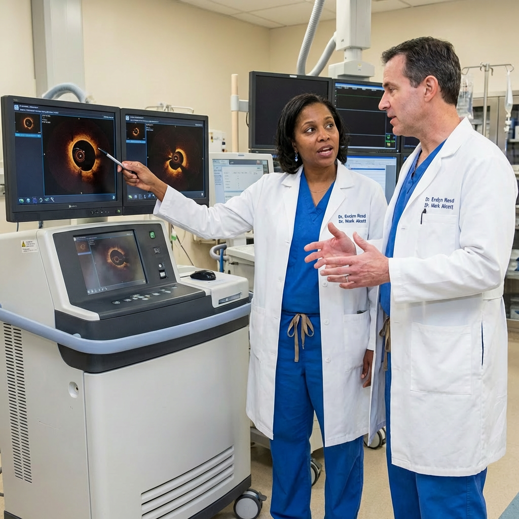Two doctors in lab coats discuss cardiac scans on monitors next to medical equipment.