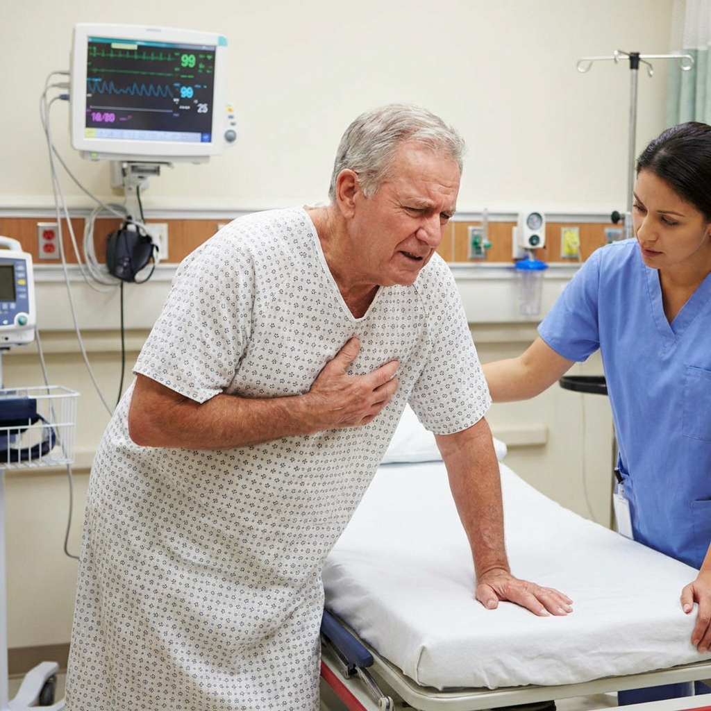 Elderly patient clutching his chest while being assisted by a nurse in a hospital.